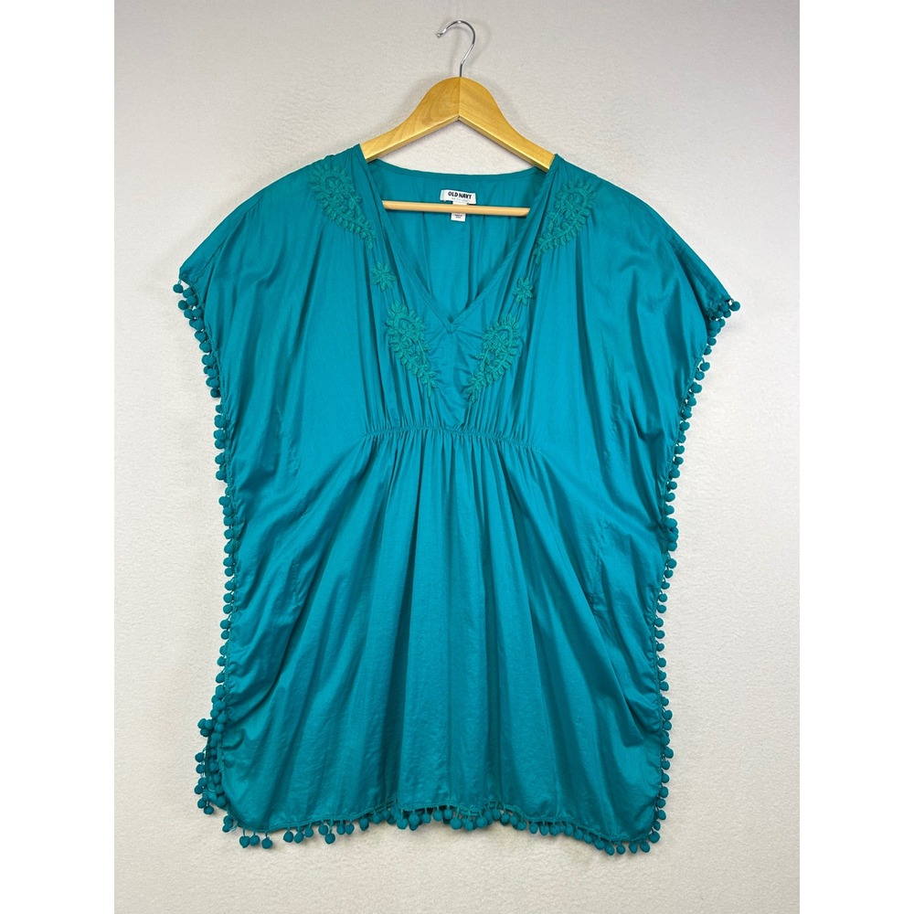 Boho Old Navy Small Teal Embroidered Pom Pom Trim V-Neck Cotton Kaftan Cover Up